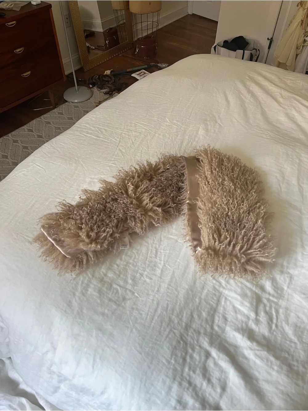 Free People Faux Fur Trim Satin Scarf in Taupe